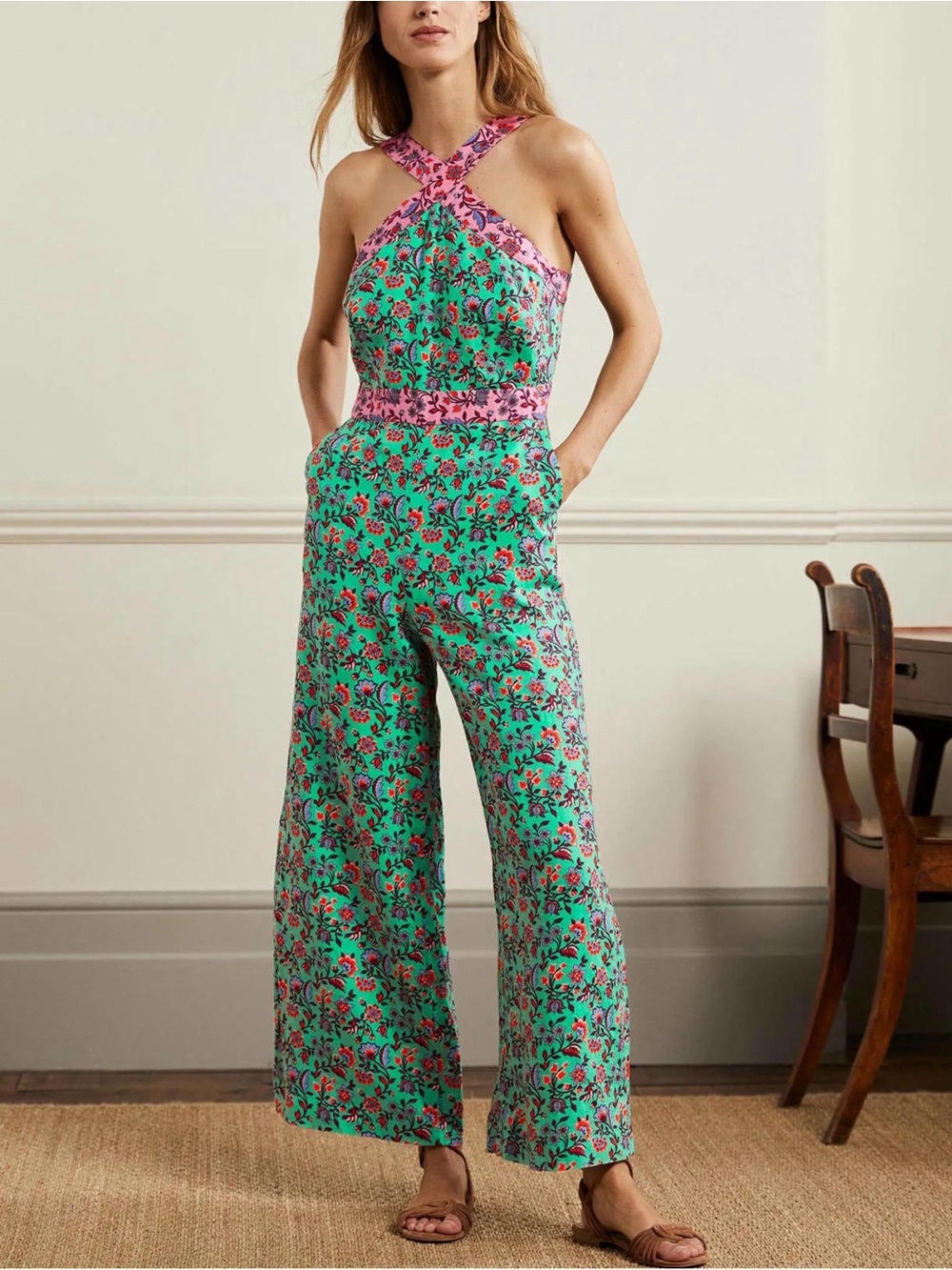 NWT - Boden Cross Over Floral Linen Jumpsuit Green and Pink -  Size 4P